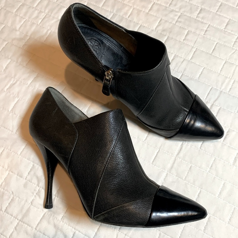 Tory Burch Lorelei Pointed Toe Ankle Booties, Black Leather, Inside Zip, Sz 9.5M